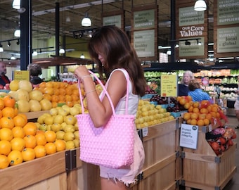 Light Pink Tote Fairtrade Plastic Bag, Handwoven Recycled Plastic Bag, Handmade Woven Purse