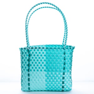 Aqua and Mint Checkered Tote Fairtrade Plastic Bag, Handwoven Recycled Plastic Bag, Handmade Woven Purse