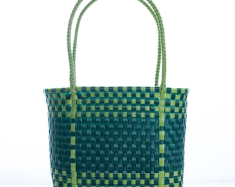 Green Striped Tote Fairtrade Plastic Bag, Handwoven Recycled Plastic Bag, Handmade Woven Purse