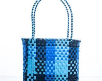 Blues Plaid Tote Fairtrade Plastic Bag, Handwoven Recycled Plastic Bag, Handmade Woven Purse