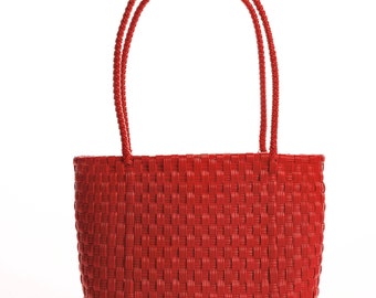 Red Tote Fairtrade Plastic Bag, Handwoven Recycled Plastic Bag, Handmade Woven Purse