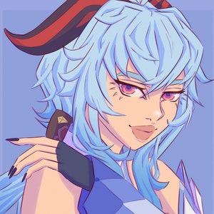 May include: A digital illustration of a woman with blue hair and red horns. She is wearing a white and blue outfit with a red accent. Her eyes are pink and she has a confident expression.