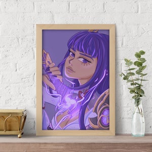 May include: A digital illustration of a woman with long purple hair holding a glowing purple sword. She is wearing a white outfit with a purple and gold design. The background is a light purple.