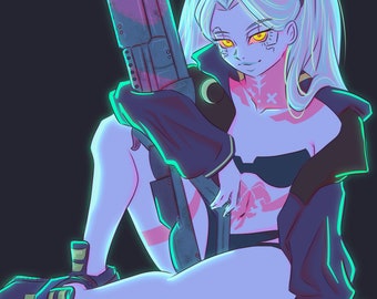 May include: A blue-skinned anime character with long white hair and yellow eyes is sitting with a large gun in her lap. She is wearing a black jacket, a black bikini top, and black shorts. The character has a tattoo on her chest and a crescent moon tattoo on her left shoulder.