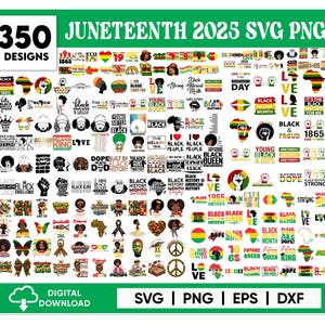 Puede incluir: Un conjunto gráfico de descarga digital con 350 diseños de Juneteenth. Los diseños incluyen ilustraciones, texto y símbolos relacionados con la historia y la cultura negra. Formatos: SVG, PNG, EPS y DXF.