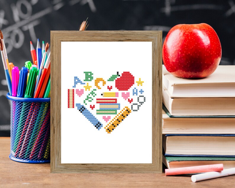 Teacher Cross Stitch Pattern PDF School Supplies Stitch Etsy
