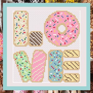 Donut Love Cross Stitch Pattern PDF | Doughnut Cross Stitch Pattern, Modern Cross Stitch Pattern, Funny Cross Stitch Pattern, Donuts
