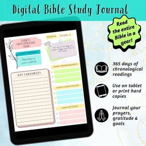 May include: A digital tablet screen displaying a daily devotional journal template with sections for today's readings, key takeaways, prayer requests, gratitude list, and goals for the day. The template is designed for a Bible study journal and features a pink, green, and blue color scheme. The text on the screen reads "Daily Devotional Time", "Today's Readings", "Key Takeaways", "Today's Prayer Requests", "Today's Gratitude List", and "Goals for Today".