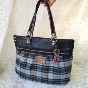 バッグ Coach poppy tartan denim blue plaid bag Limited Edition Coach Poppy Tartan Glamour Tote Large Plaid