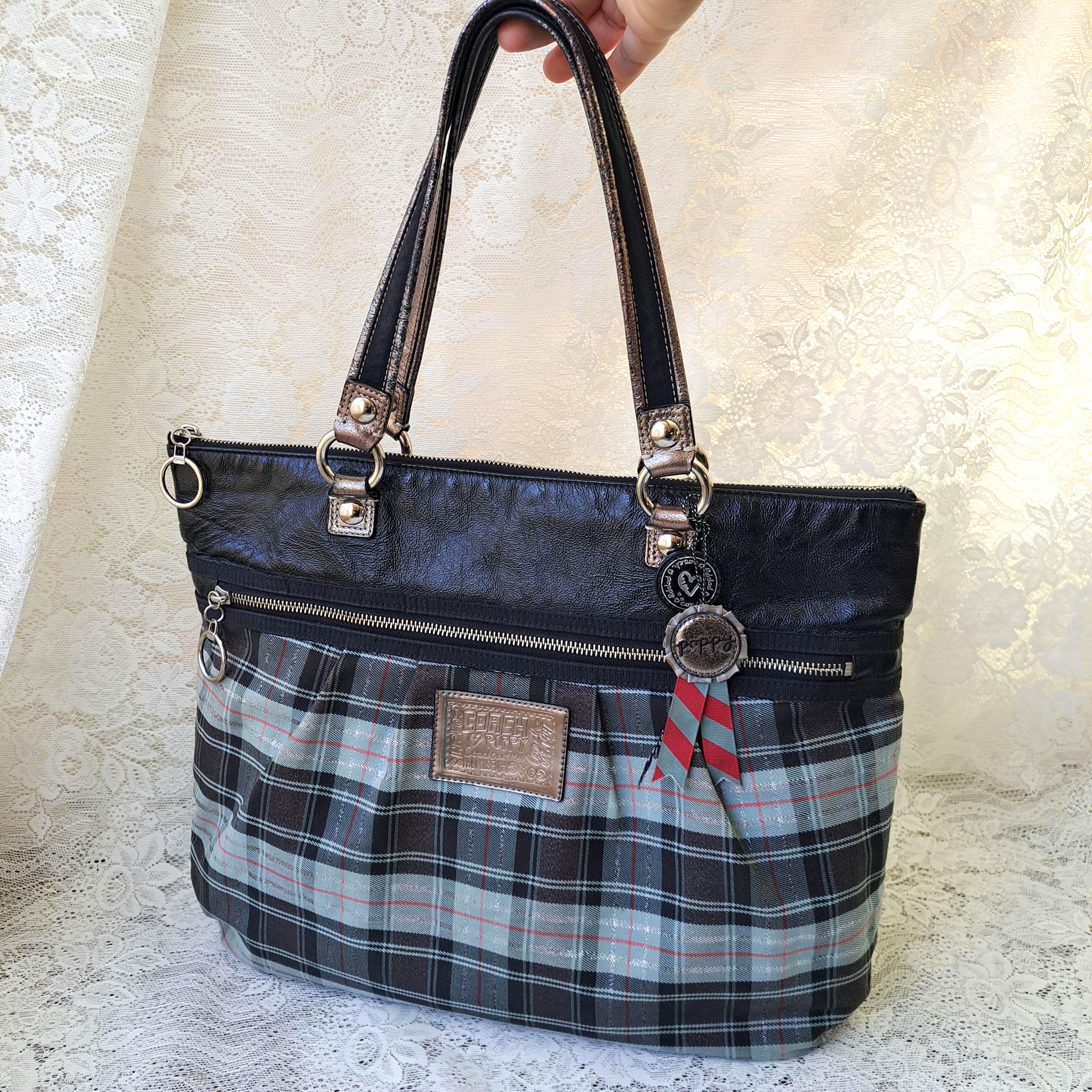 バッグ Coach poppy tartan denim blue plaid bag Limited Edition Coach Poppy Tartan Glamour Tote Large Plaid