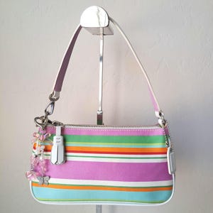 Coach Y2k Hampton Stripe Mini Shoulder Bag F10802 Multicolor Striped Demi Baguette Leather and Canvas Purse with Tassel, Pink Bag Charm