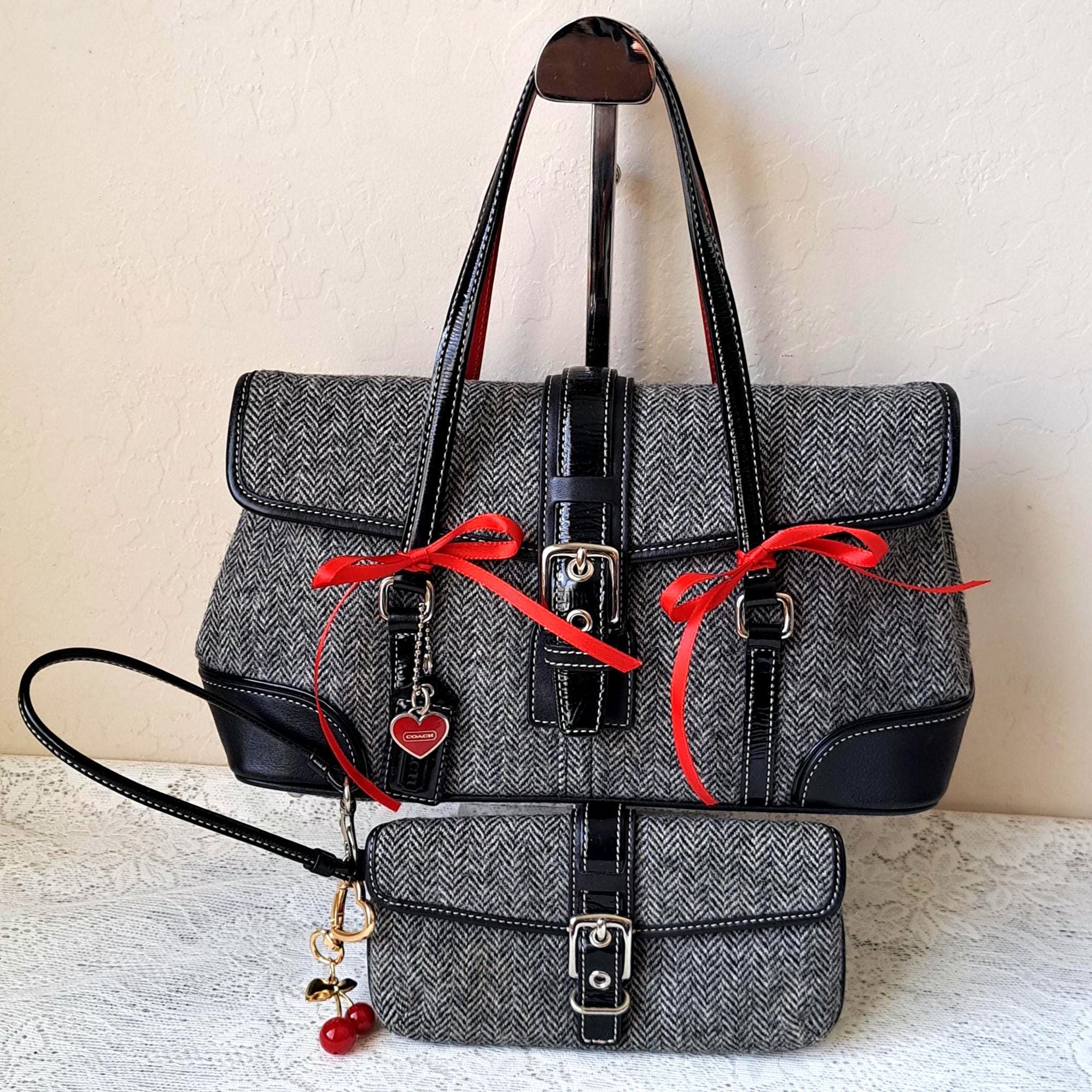 Vintage Coach Y2k 00s Gray Tweed Herringbone & Black Leather