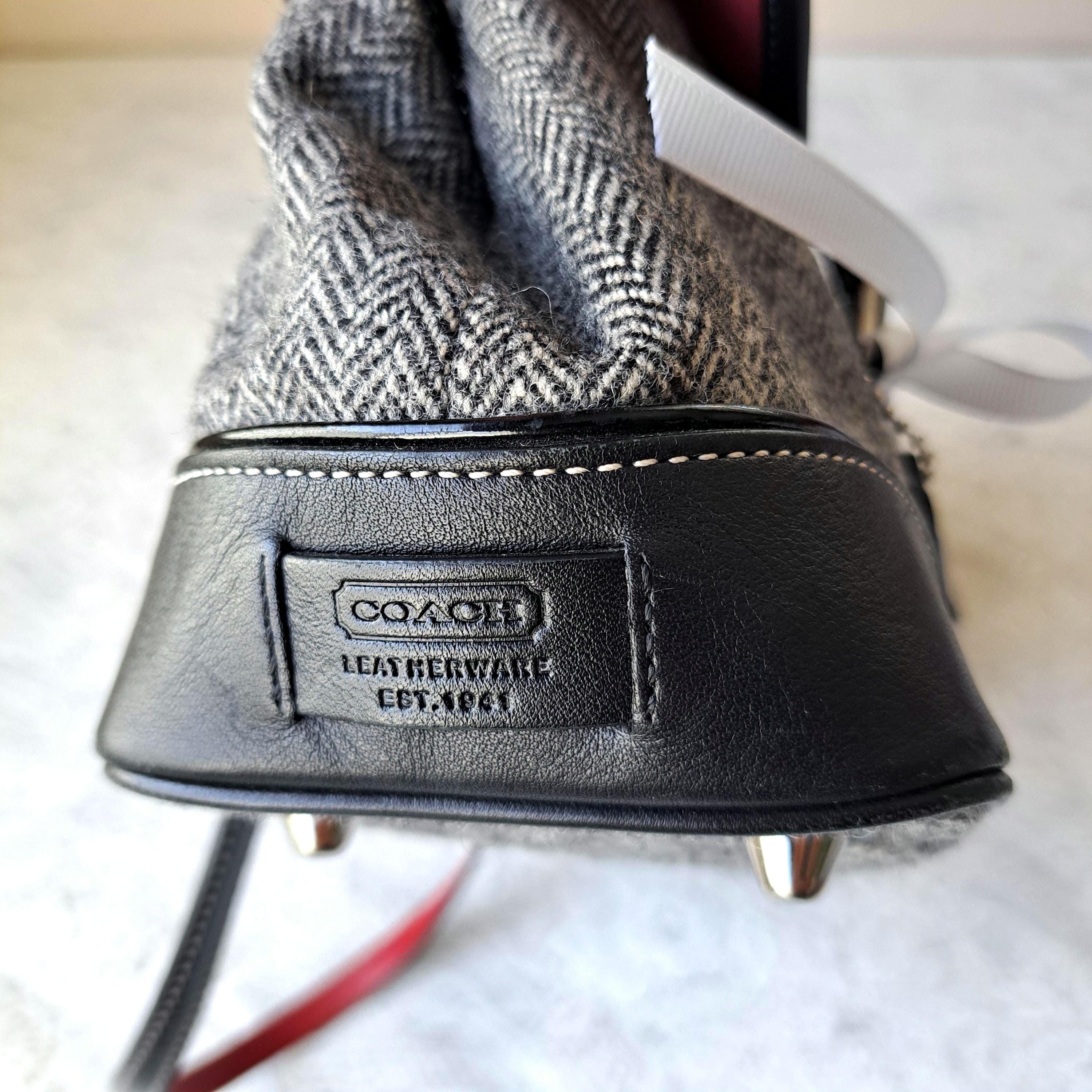 Vintage Coach Y2k 00s Gray Tweed Herringbone & Black Leather