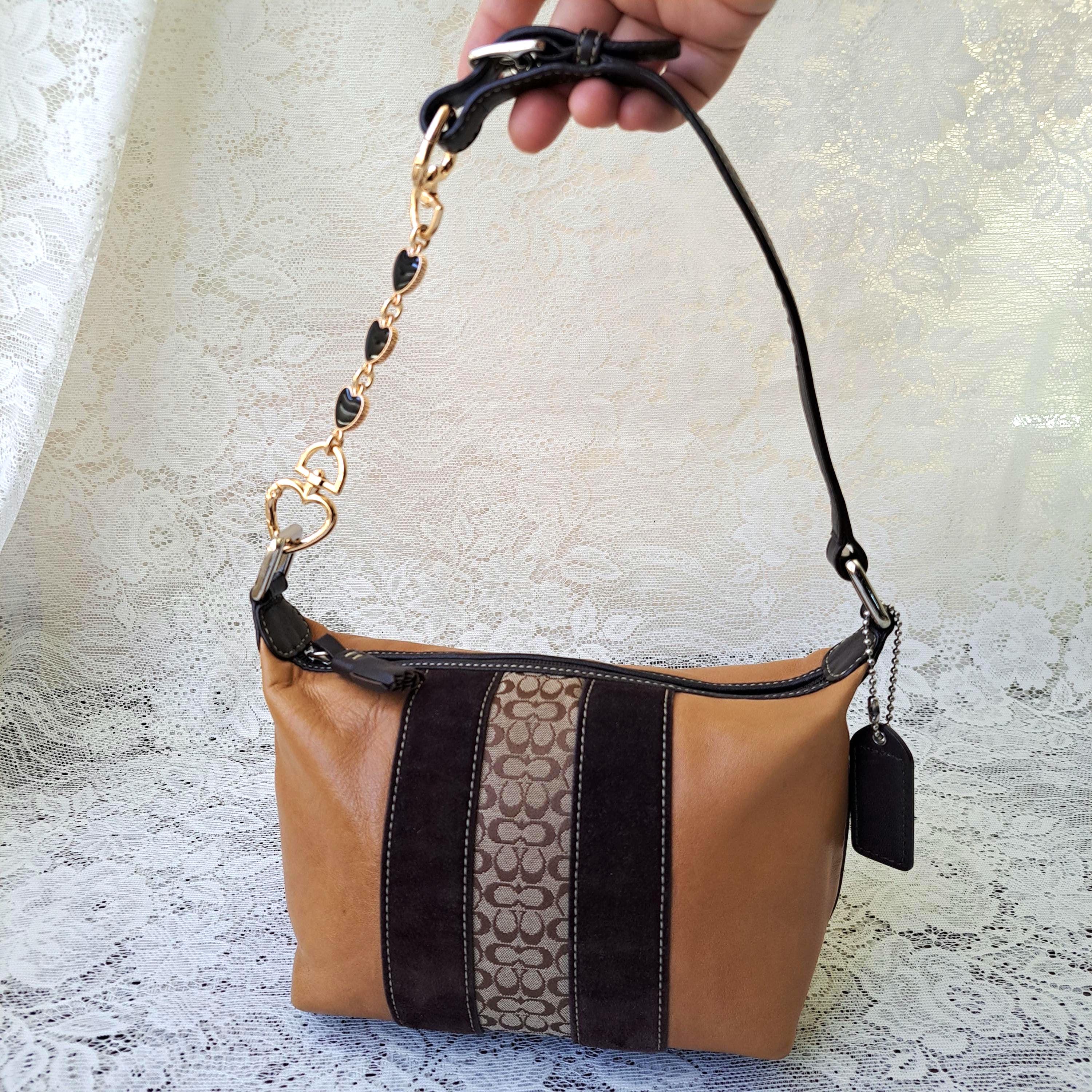Vintage Coach Y2k Hampton Stripe Top Handle Pouch in Camel Tan