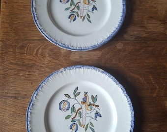 Set of 2 antique Longwy "Old Rouen" plates - Polychrome earthenware, 1850-1900