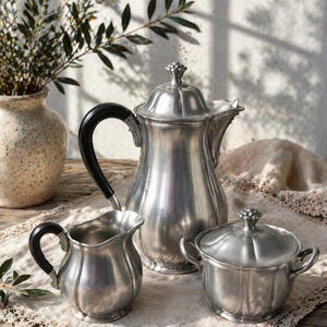 Peut inclure: Un service à thé en argent comprenant une théière, un pot à crème et un sucrier couvert. La théière a une poignée noire. L'ensemble est présenté sur un tissu blanc bordé de dentelle, avec un vase de verdure en arrière-plan.