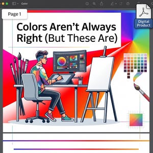 Puede incluir: Gráfico de producto digital con el texto "Colors Aren't Always Right (But These Are)". La imagen presenta a una persona en un escritorio con una computadora, un caballete en blanco y pinceles. También se ve una paleta de colores y una insignia de producto digital.