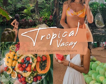 Pode incluir: Uma colagem de imagens com temas de férias tropicais. A colagem inclui uma mulher de biquíni, um prato de frutas, uma mulher segurando uma melancia e uma mulher de vestido branco em pé em frente a uma pilha de melancias. O texto "Tropical Vacay" está escrito em branco sobre um fundo pêssego.
