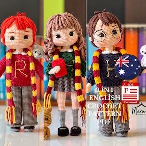 May include: Three handmade crochet dolls, each depicting a character from a popular fantasy series. The dolls wear scarves and sweaters in house colors. One doll has red hair, another has brown hair, and the third wears glasses. The image also includes text: "3 in 1 English Crochet Pattern PDF".