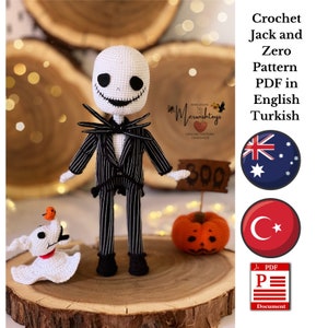 Pode incluir: Padrão de crochê em PDF em inglês e turco para Jack Skellington e Zero de O Estranho Mundo de Jack. O padrão inclui um boneco de Jack Skellington de crochê branco com um terno listrado preto e branco e uma gravata borboleta preta. O padrão também inclui um cão Zero de crochê branco com uma abóbora na boca.