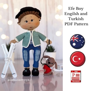 May include: Crochet pattern for a boy doll with a dog. The doll is wearing a blue hat, a green jacket, blue jeans, and black shoes. The dog is wearing a red shirt. The pattern is available in English and Turkish. The pattern is a PDF document.