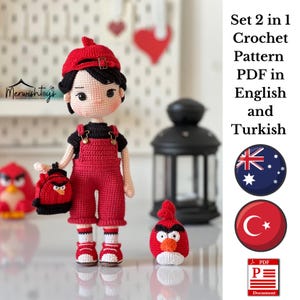 May include: A crochet pattern PDF in English and Turkish for making two amigurumi dolls. One doll is a red-haired boy wearing a red and black outfit. The other doll is a red bird with black eyes and a black beak. The pattern includes instructions for making the dolls and their accessories.