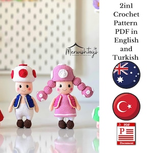 May include: Crocheted mushroom-themed dolls in white, red, pink, and blue. One doll wears a blue vest, and the other wears a pink dress. The image includes text that says "2in1 Crochet Pattern PDF in English and Turkish."