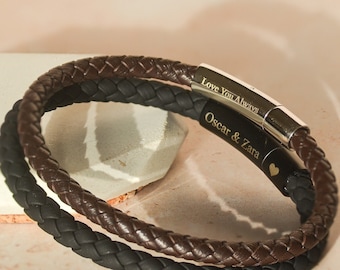 Bracelet en cuir personnalisé avec fermoir en acier inoxydable • Gravé • Cuir tressé • Message caché • Cadeau pour lui • Cadeau d'anniversaire