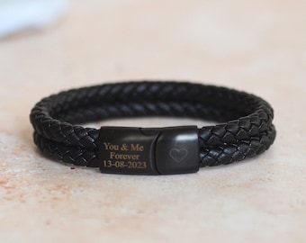 Personalized Double Woven Leather Bracelet • Stainless Steel Clasp • Engraved • Thin Woven Leather • Fathers Day Gift •  Gift For Him