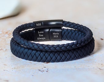 Personalized Matte Black Leather Bracelet • Stainless Steel Clasp • Engraved • Woven Suede Leather • Hidden Message •  Gift For Him