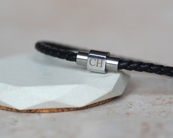 Personalised Black Leather Bracelet with Magnetic Stainless Steel Clasp • Engraved • Woven Leather • Engraved Initials •  Gift For Him