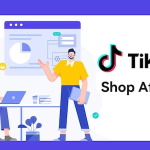 May include: Illustration of two people working on a computer, with a person presenting a chart on a website. The text "TikTok Shop Affiliate" is displayed in the background.