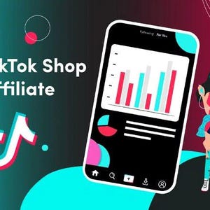 May include: A black smartphone with a TikTok app open, showing a graph and a pie chart. The text "Following For You" is visible at the top of the screen. The phone is on a blue and green background with a white TikTok logo and the text "TikTok Shop Affiliate".