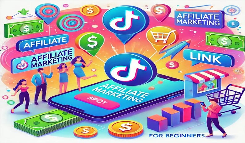 May include: A colorful illustration depicting affiliate marketing on TikTok. The image features a smartphone with the TikTok logo and the text "Affiliate Marketing" on the screen. There are various icons and symbols surrounding the phone, including dollar signs, shopping carts, and a link icon. The text "For Beginners" is at the bottom of the image.