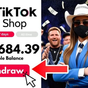 May include: A screenshot of a TikTok Shop account showing a balance of $34,684.39 with a red button that says "Withdraw". The background shows a woman wearing a blue suit, a cowboy hat, and a black face mask. She is surrounded by people and money is falling from the sky.