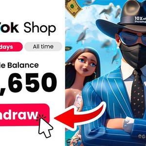 May include: A screenshot of a mobile app interface showing a TikTok Shop with a balance of $23,650. The app has a red button that says "Withdraw". The background image shows a man in a blue suit and a black face mask, standing in front of a beach scene with falling money.
