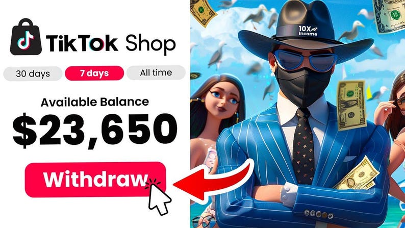 May include: A screenshot of a mobile app interface showing a TikTok Shop with a balance of $23,650. The app has a red button that says "Withdraw". The background image shows a man in a blue suit and a black face mask, standing in front of a beach scene with falling money.