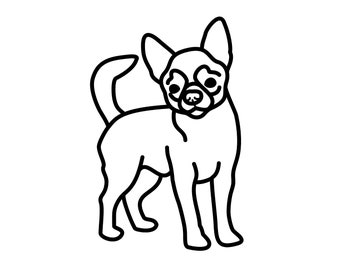 Puede incluir: Un dibujo en blanco y negro de un perro Chihuahua de pie con las orejas levantadas.