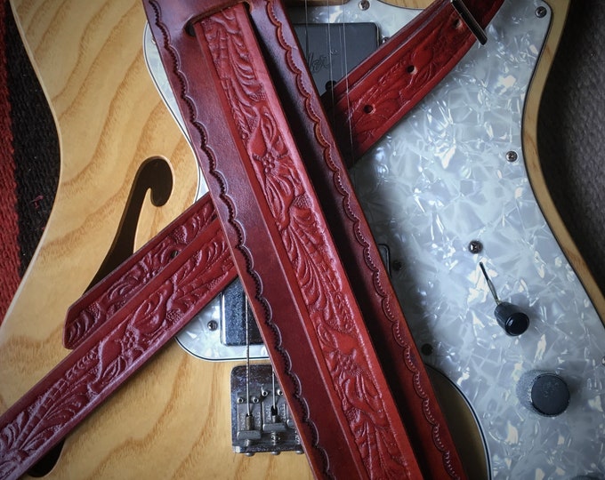 Vintage Style Leather Guitar Strap, Western (Sheridan Motif)- Tobacco Brown