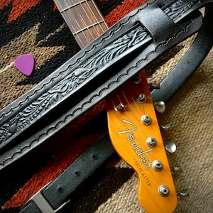 Vintage Style Leather Guitar Strap Western  (Sheridan Motif)- Black