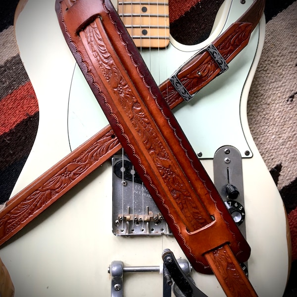 Vintage Style Leather Guitar Strap, Western (Sheridan Motif)-Brown 2 Tone