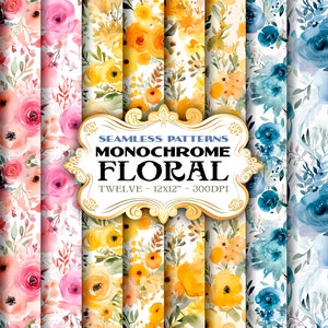 May include: Twelve seamless watercolor floral patterns in pink, yellow, and blue. Each pattern features a different floral design with a white background. The patterns are 12x12 inches and 300 DPI.