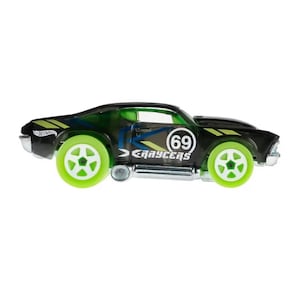 May include: Black and green toy car with the number 69 on the side. The car has green wheels and the text ">RAYCERS" on the side. The car is a Hot Wheels model.