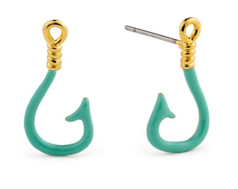 Unique Fishing Hook Stud Enamel Gold Earrings | Turquoise Fishing Gift | Fly Fishing Jewelry | Beach | Saltwater | Womens Fishing Gift