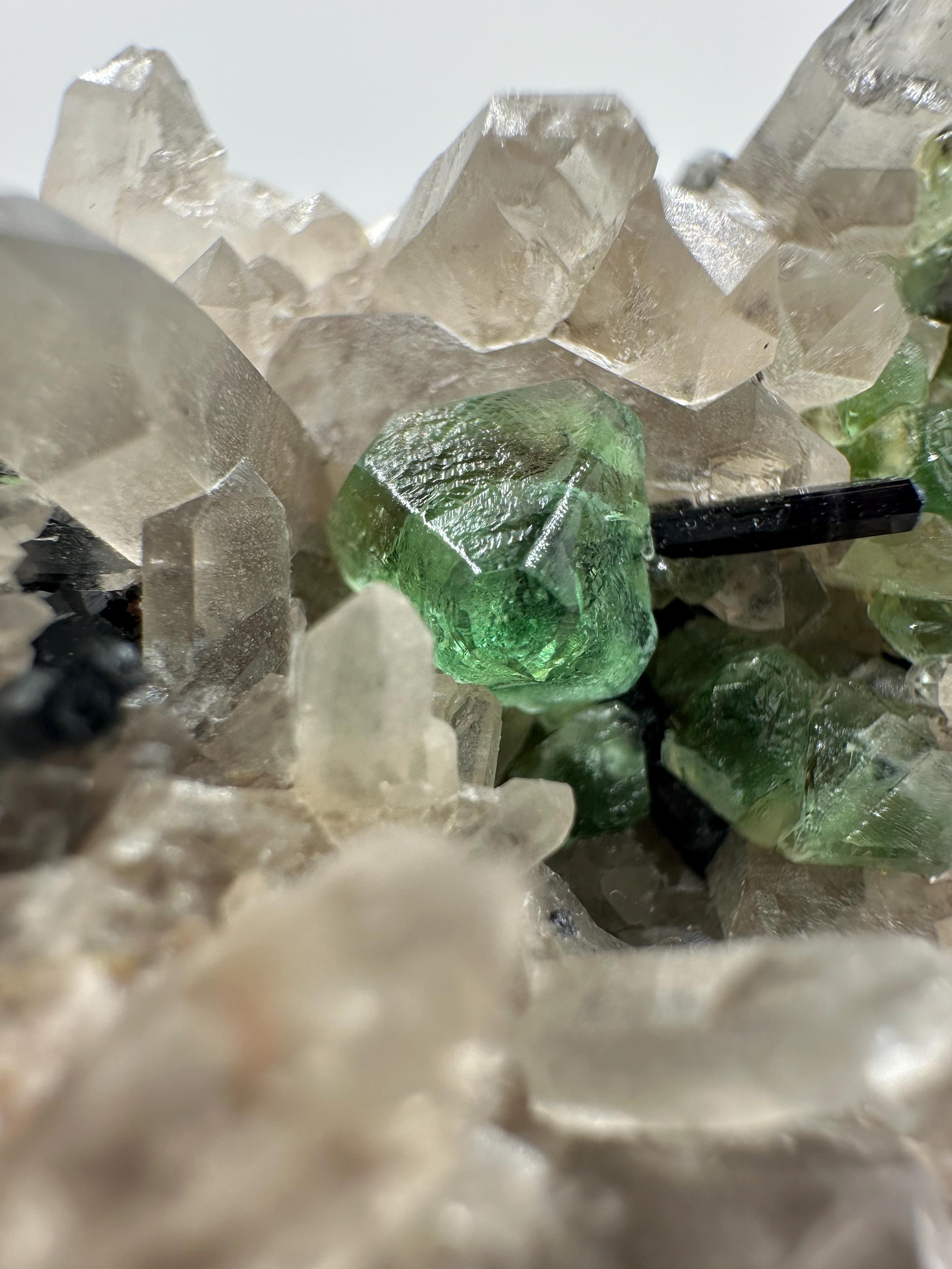 Erongo Green Fluorite with Tourmaline, Smoky Quartz and Muscovite Cluster/ Crystals Symbiosis/ Erongo, Namibia