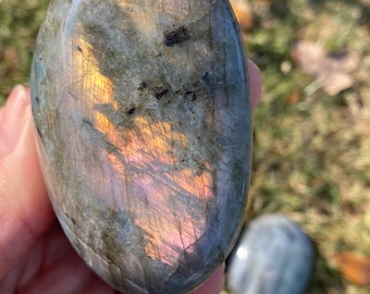High Quality Fire and Rainbow Labradorite / Large Palm Stone