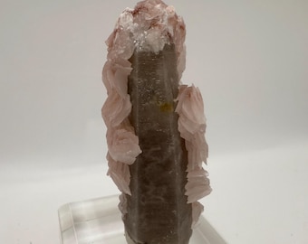 Calcita de flor de cerezo fluorescente / Viene con una base de obsidiana
