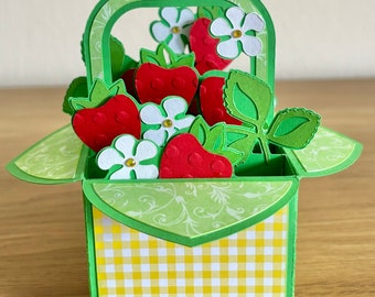 Strawberry Basket Box Card, Birthday Card with Strawberries, Picnic Basket Popup Greeting Card, Birthday Strawberry Card