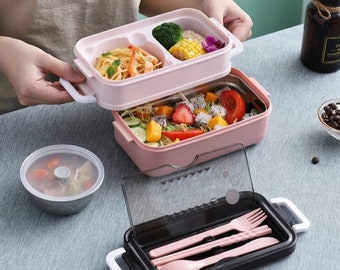 Pink Stackable Bento Box Eco Friendly Lunch Box For Adults and Kids School Lunch Box 2 Dividers Leakproof Picnic Lunchbox