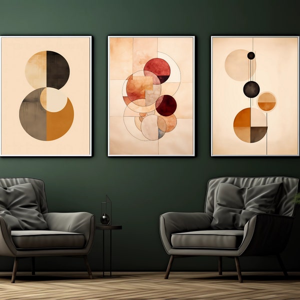 WandKunst 3er Set Harmonie der Formen: Serie Abstrakter Geometrie, Wanddeko , Minimalistische Digitaldrucke